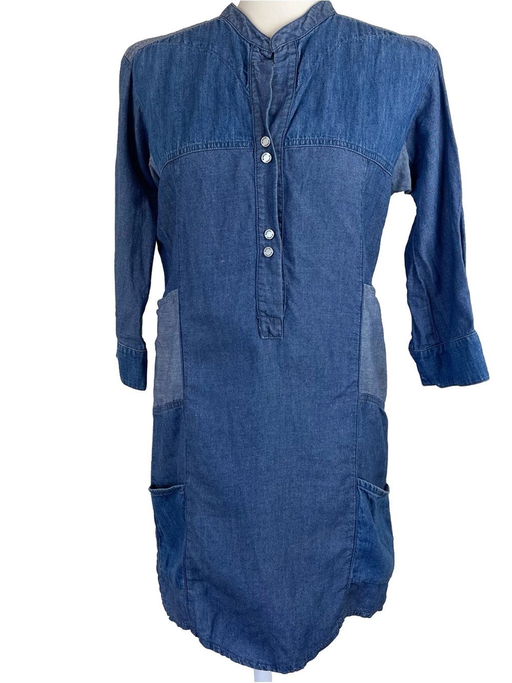 Etienne Marcel Shirt Patchwork Denim Tunic Dress Patch Pockets Mixed Wash Sz XS